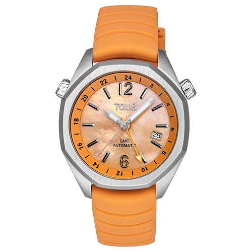 Reloj gmt automático con correa de silicona color salmón, caja de acero y esfera de nácar TOUS Now