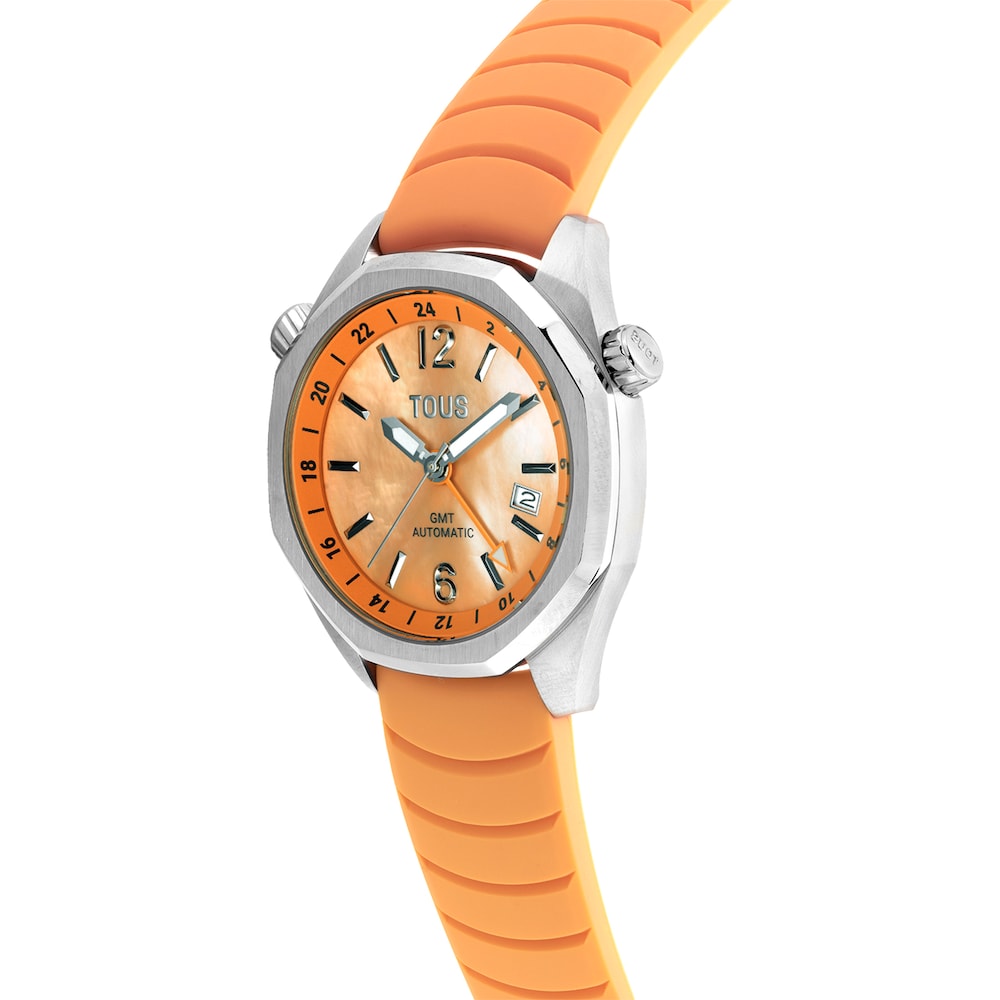 gmt automatic Watch with salmon-colored silicone strap, steel case and mother-of-pearl face TOUS Now