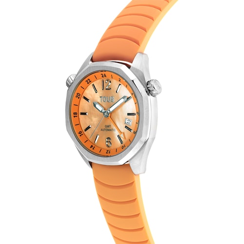 Reloj gmt automático con correa de silicona color salmón, caja de acero y esfera de nácar TOUS Now