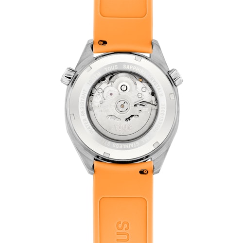 Reloj gmt automático con correa de silicona color salmón, caja de acero y esfera de nácar TOUS Now