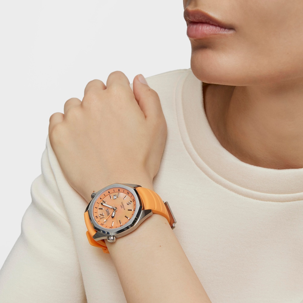 gmt automatic Watch with salmon-colored silicone strap, steel case and mother-of-pearl face TOUS Now
