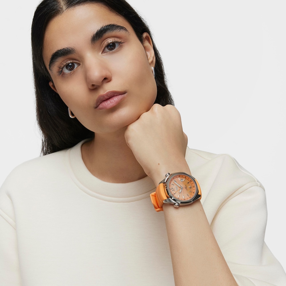 gmt automatic Watch with salmon-colored silicone strap, steel case and mother-of-pearl face TOUS Now