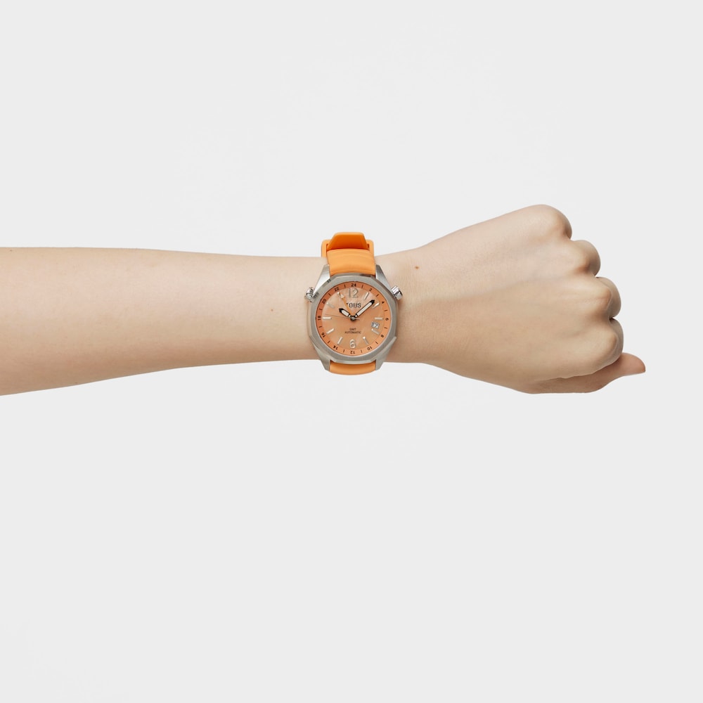 gmt automatic Watch with salmon-colored silicone strap, steel case and mother-of-pearl face TOUS Now