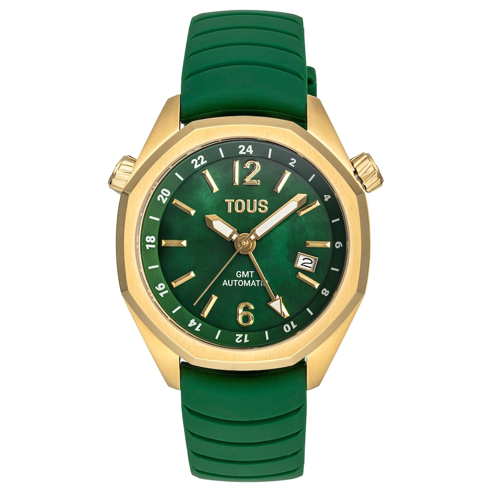 Reloj gmt autom&aacute;tico con correa de silicona verde, caja de acero IPG dorado y esfera de n&aacute;car TOUS Now