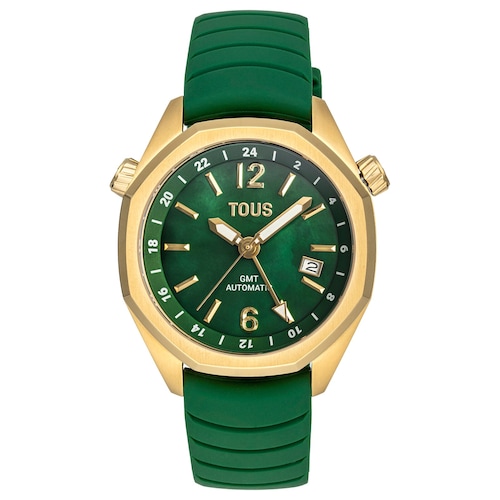 Reloj gmt autom&aacute;tico con correa de silicona verde, caja de acero IPG dorado y esfera de n&aacute;car TOUS Now
