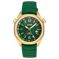 Reloj gmt automático con correa de silicona verde, caja de acero IPG dorado y esfera de nácar TOUS Now