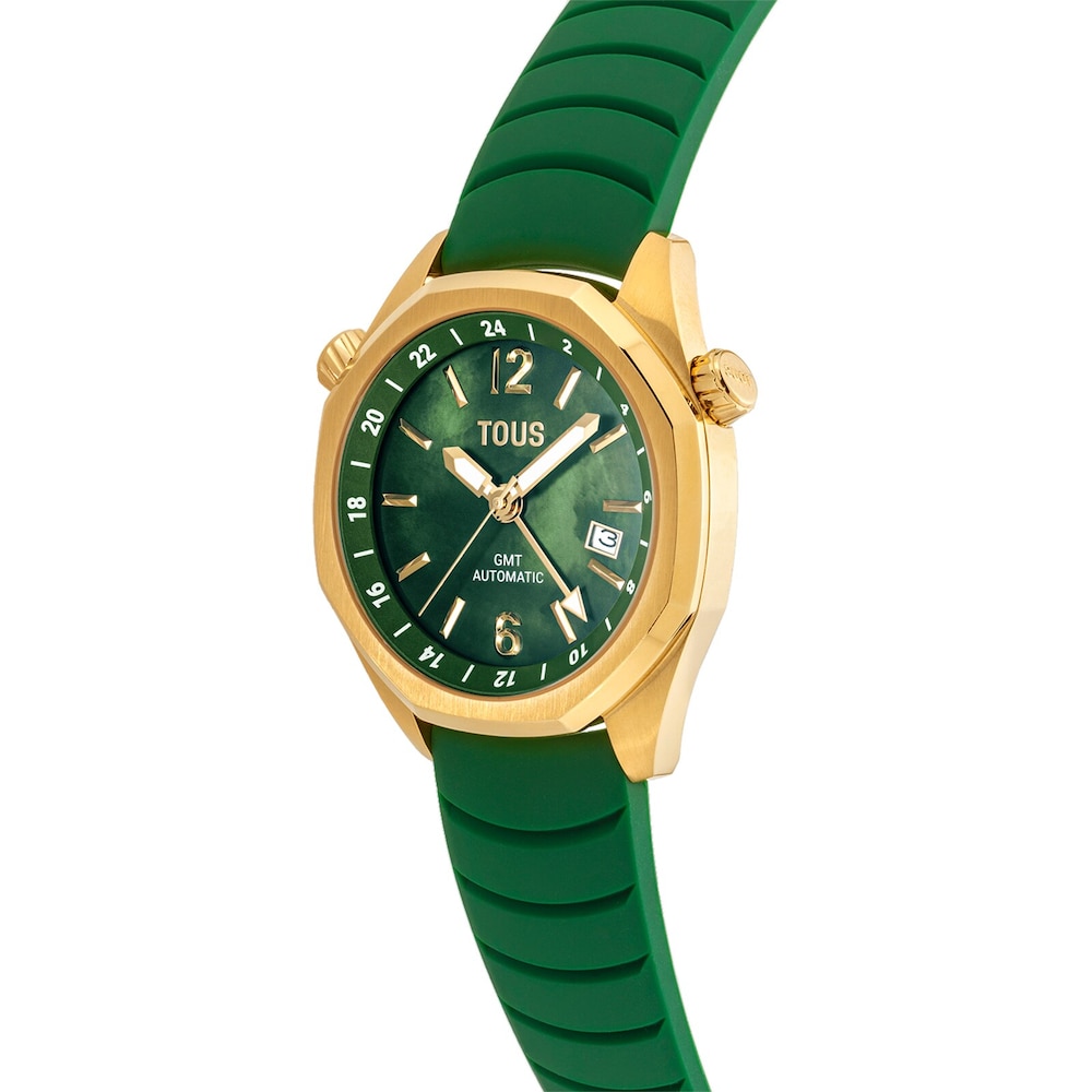Reloj gmt autom&aacute;tico con correa de silicona verde, caja de acero IPG dorado y esfera de n&aacute;car TOUS Now