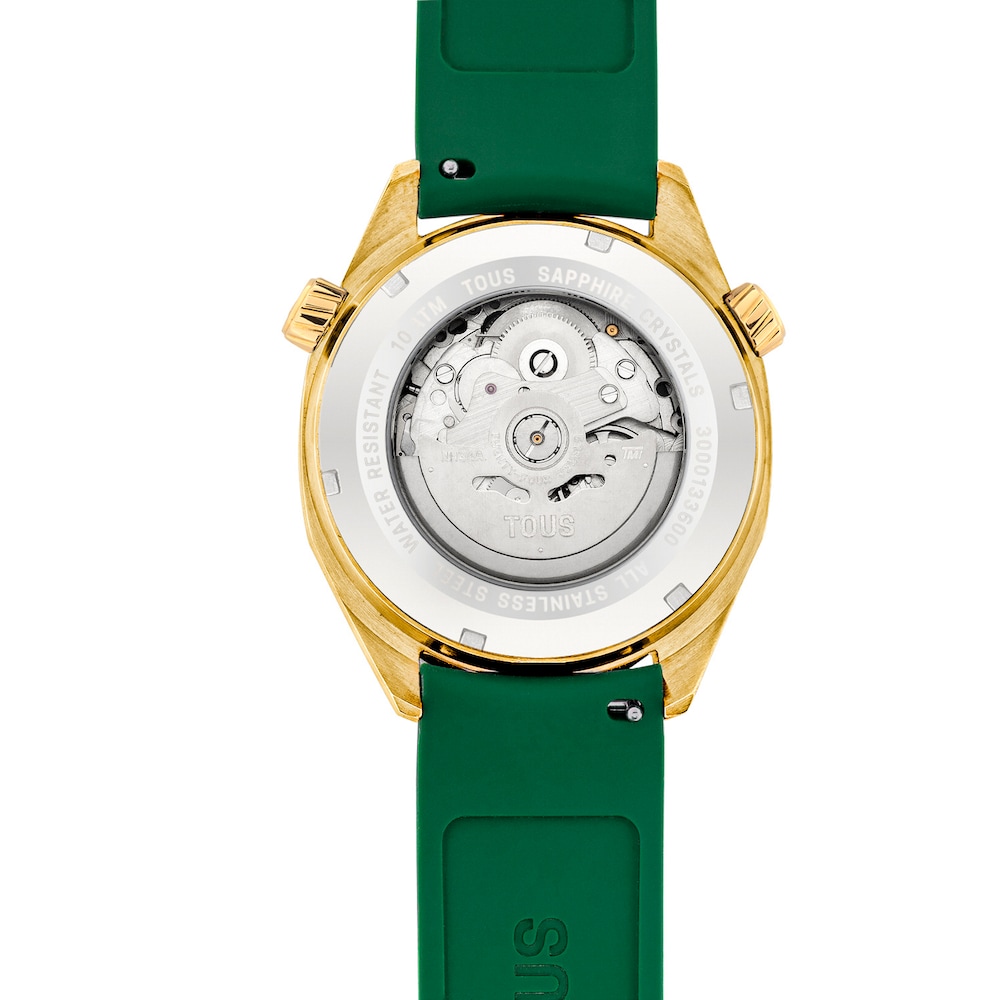 Reloj gmt autom&aacute;tico con correa de silicona verde, caja de acero IPG dorado y esfera de n&aacute;car TOUS Now