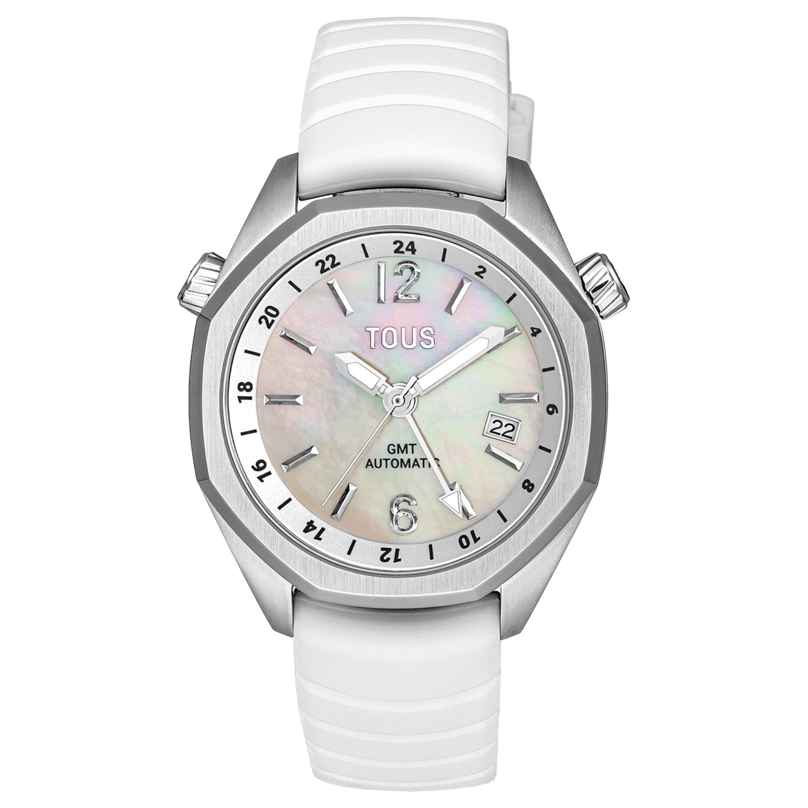 gmt automatic Watch with white silicone strap, steel case and mother-of-pearl face TOUS Now