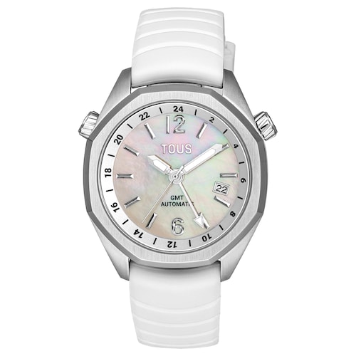 Reloj gmt automático con correa de silicona blanca, caja de acero y esfera de nácar TOUS Now