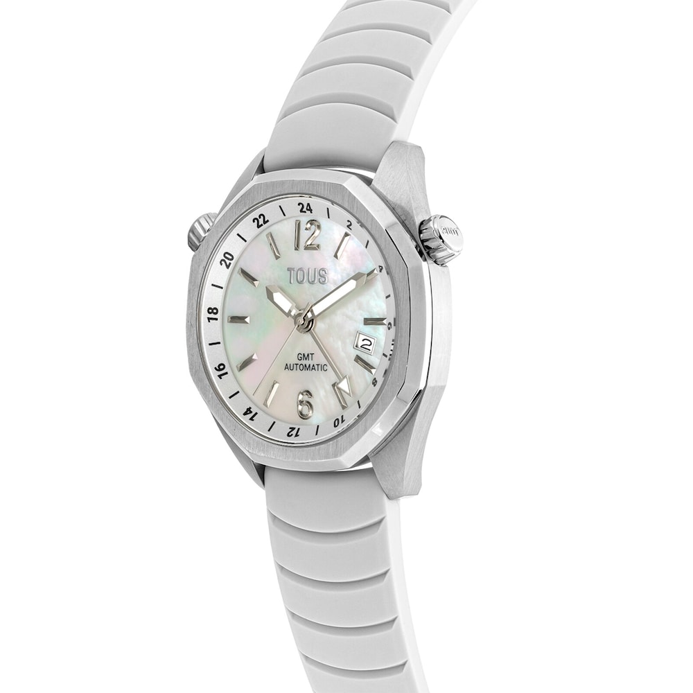 gmt automatic Watch with white silicone strap, steel case and mother-of-pearl face TOUS Now