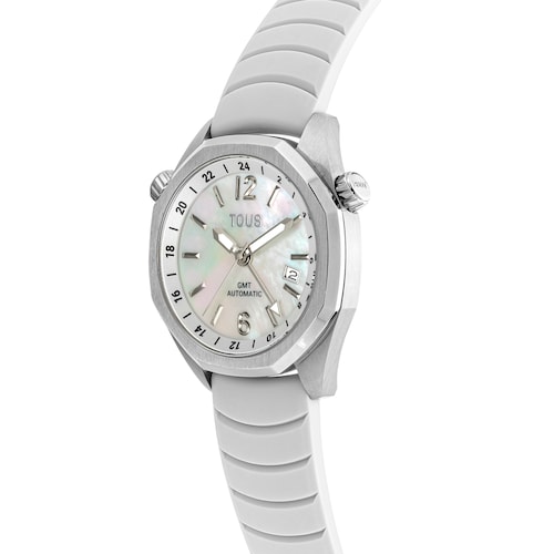 Reloj gmt automático con correa de silicona blanca, caja de acero y esfera de nácar TOUS Now