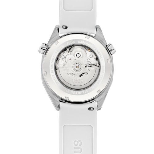 Reloj gmt automático con correa de silicona blanca, caja de acero y esfera de nácar TOUS Now