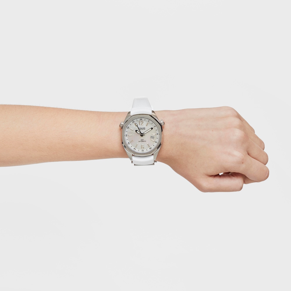gmt automatic Watch with white silicone strap, steel case and mother-of-pearl face TOUS Now