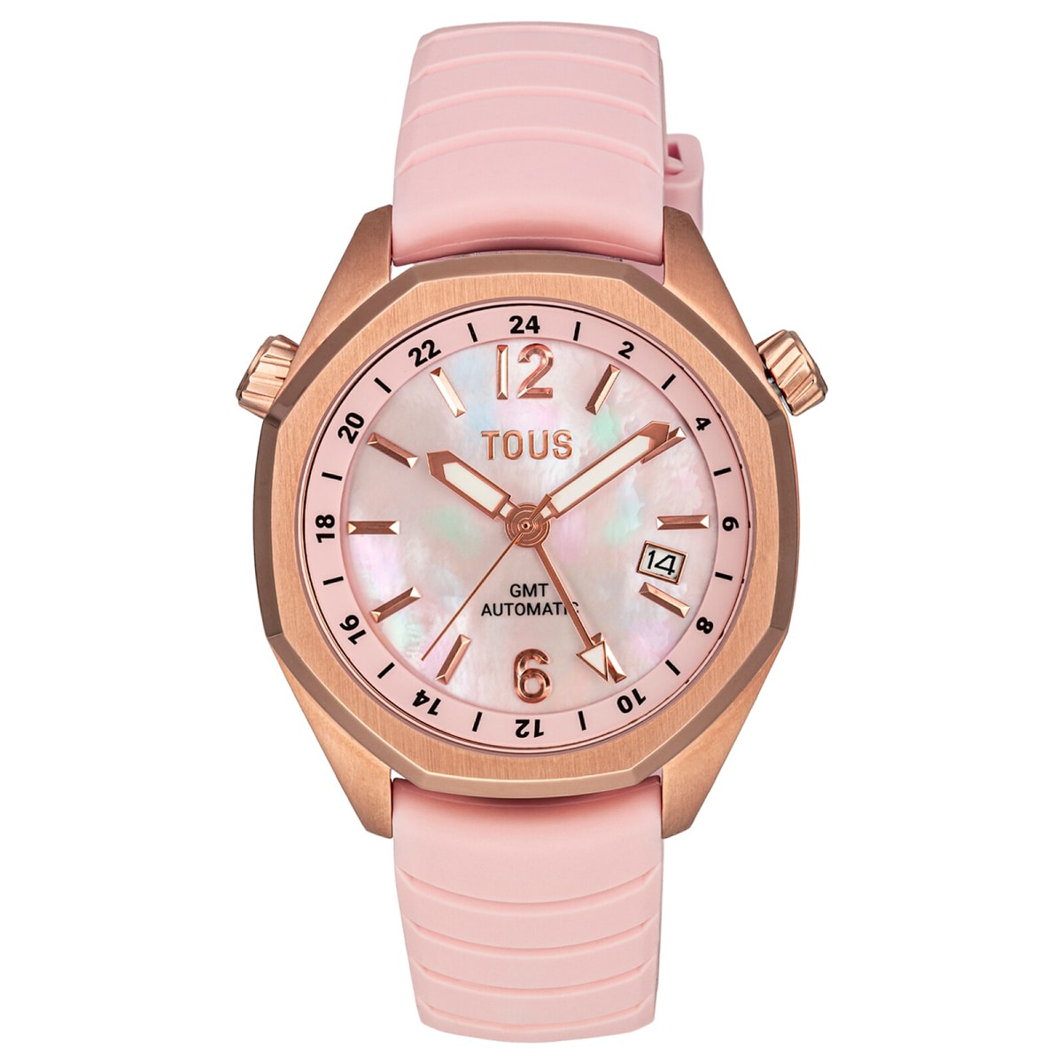 Tous - Reloj Gmt Automático Con Correa De Silicona Rosa, Caja De Acero Iprg Rosa Y Esfera De Nácar Tous Now - Único