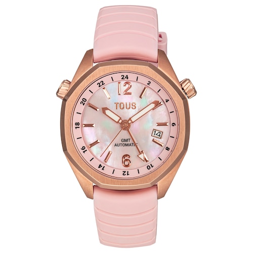 Reloj gmt autom&aacute;tico con correa de silicona rosa, caja de acero IPRG rosa y esfera de n&aacute;car TOUS Now