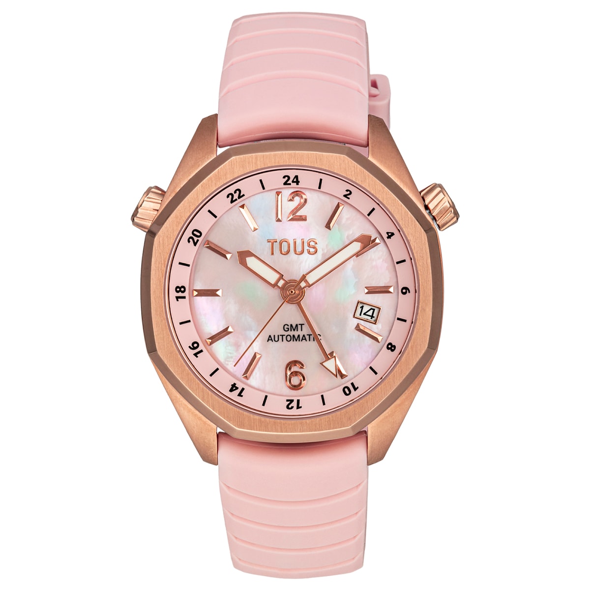 Tous - Reloj Gmt Automático Con Correa De Silicona Rosa, Caja De Acero Iprg Rosa Y Esfera De Nácar Tous Now - U