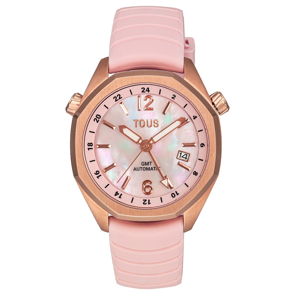 Reloj gmt automático con correa de silicona rosa, caja de acero IPRG rosa y esfera de nácar TOUS Now Reloj gmt automático con correa de silicona rosa, caja de acero IPRG rosa y esfera de nácar TOUS Now