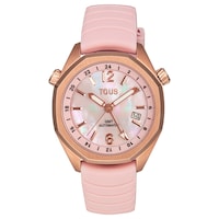 Reloj gmt automático con correa de silicona rosa, caja de acero IPRG rosa y esfera de nácar TOUS Now