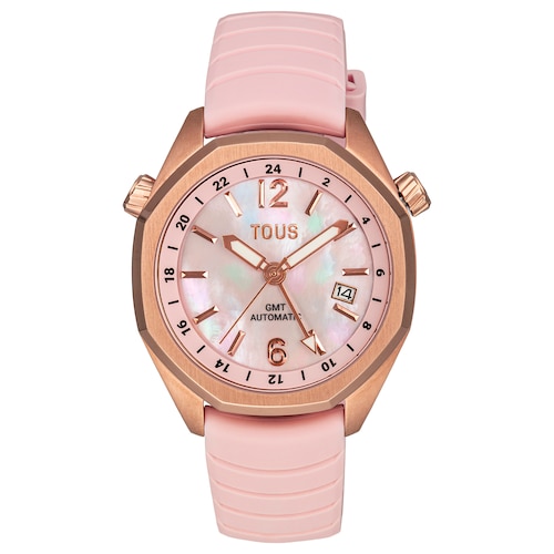 gmt automatic Watch with pink silicone strap, rose-colored IPRG steel case and mother-of-pearl face TOUS Now