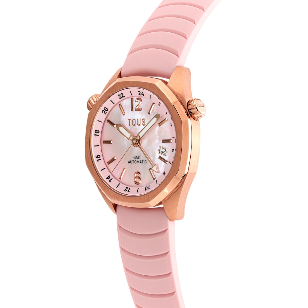 Reloj gmt autom&aacute;tico con correa de silicona rosa, caja de acero IPRG rosa y esfera de n&aacute;car TOUS Now