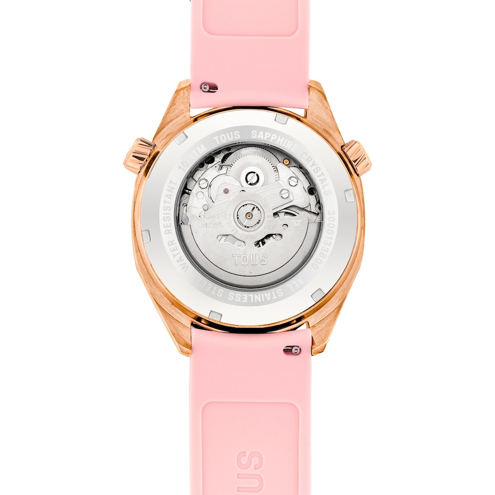Reloj gmt autom&aacute;tico con correa de silicona rosa, caja de acero IPRG rosa y esfera de n&aacute;car TOUS Now