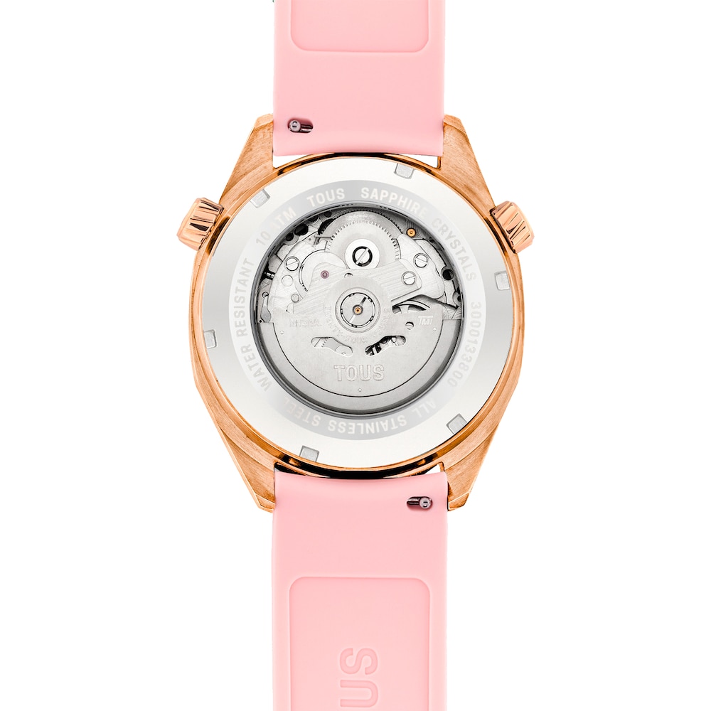 Reloj gmt automático con correa de silicona rosa, caja de acero IPRG rosa y esfera de nácar TOUS Now Reloj gmt automático con correa de silicona rosa, caja de acero IPRG rosa y esfera de nácar TOUS Now