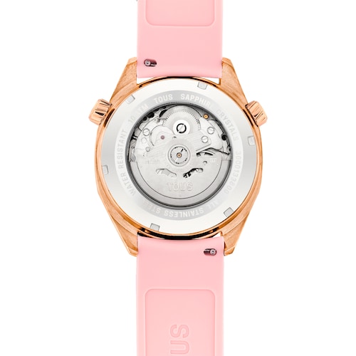 gmt automatic Watch with pink silicone strap, rose-colored IPRG steel case and mother-of-pearl face TOUS Now