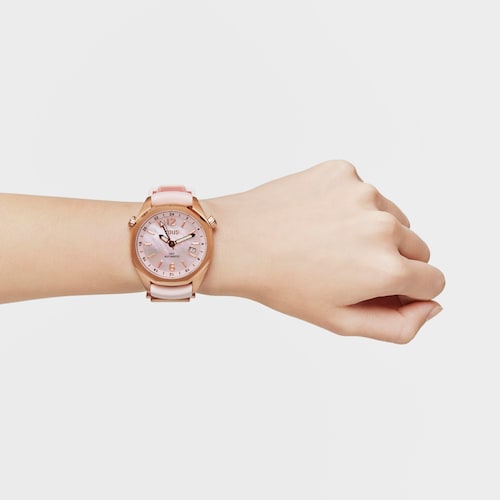 gmt automatic Watch with pink silicone strap, rose-colored IPRG steel case and mother-of-pearl face TOUS Now