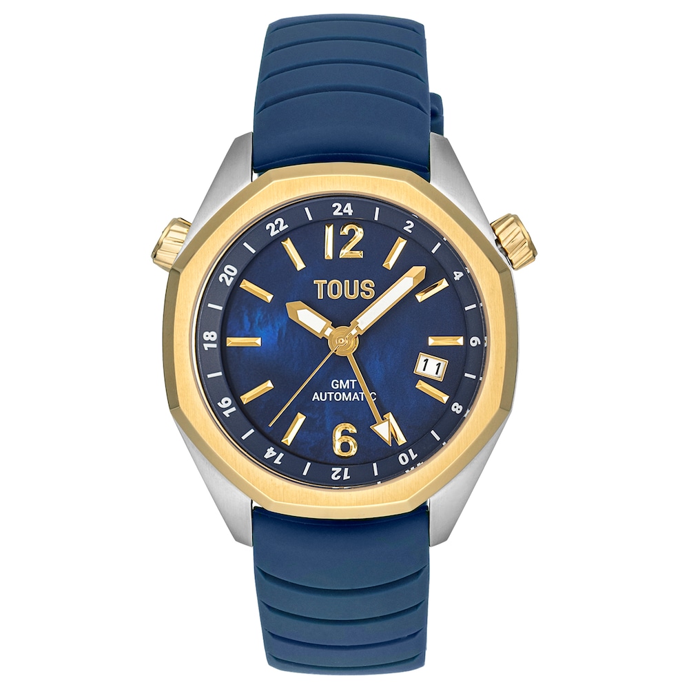 gmt automatic Watch with navy blue silicone strap, gold-colored IPG steel case and mother-of-pearl face TOUS Now