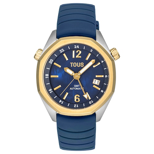 Reloj gmt automático con correa de silicona azul marino, caja de acero IPG dorado y esfera de nácar TOUS Now