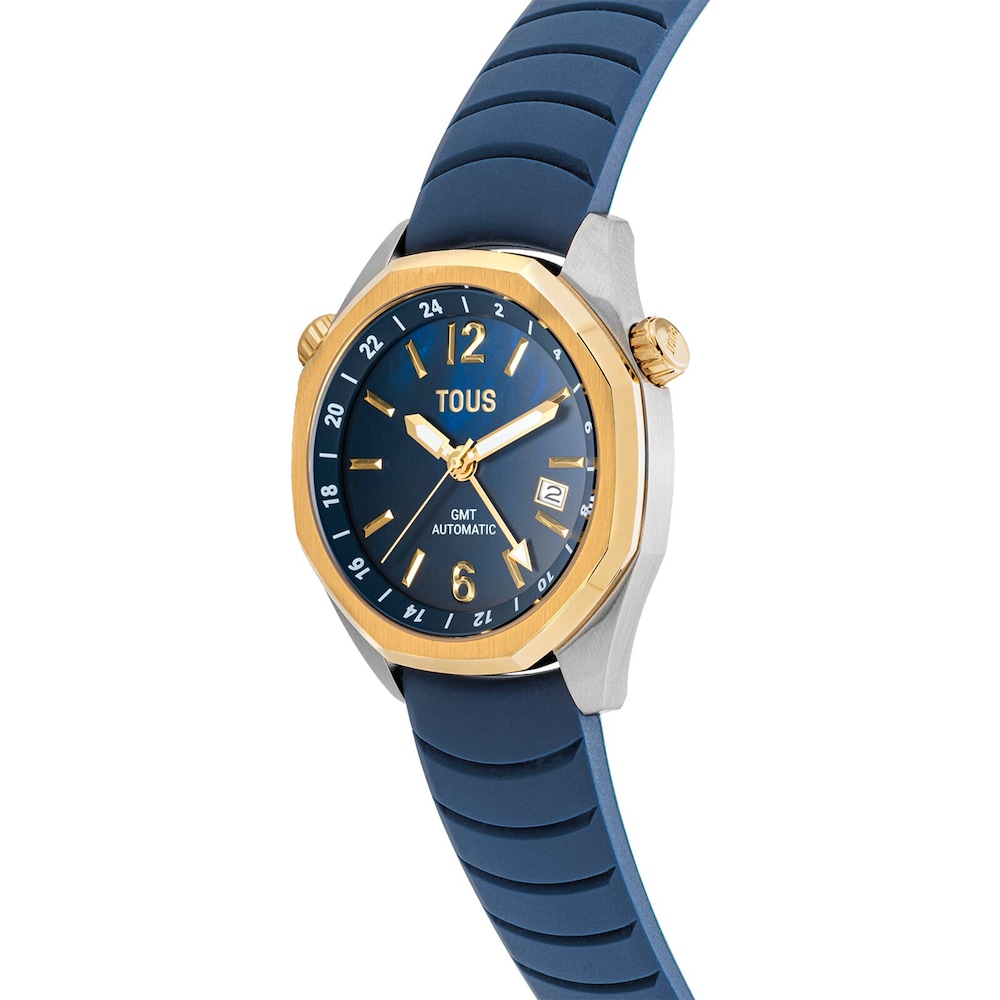 Reloj gmt autom&aacute;tico con correa de silicona azul marino, caja de acero IPG dorado y esfera de n&aacute;car TOUS Now