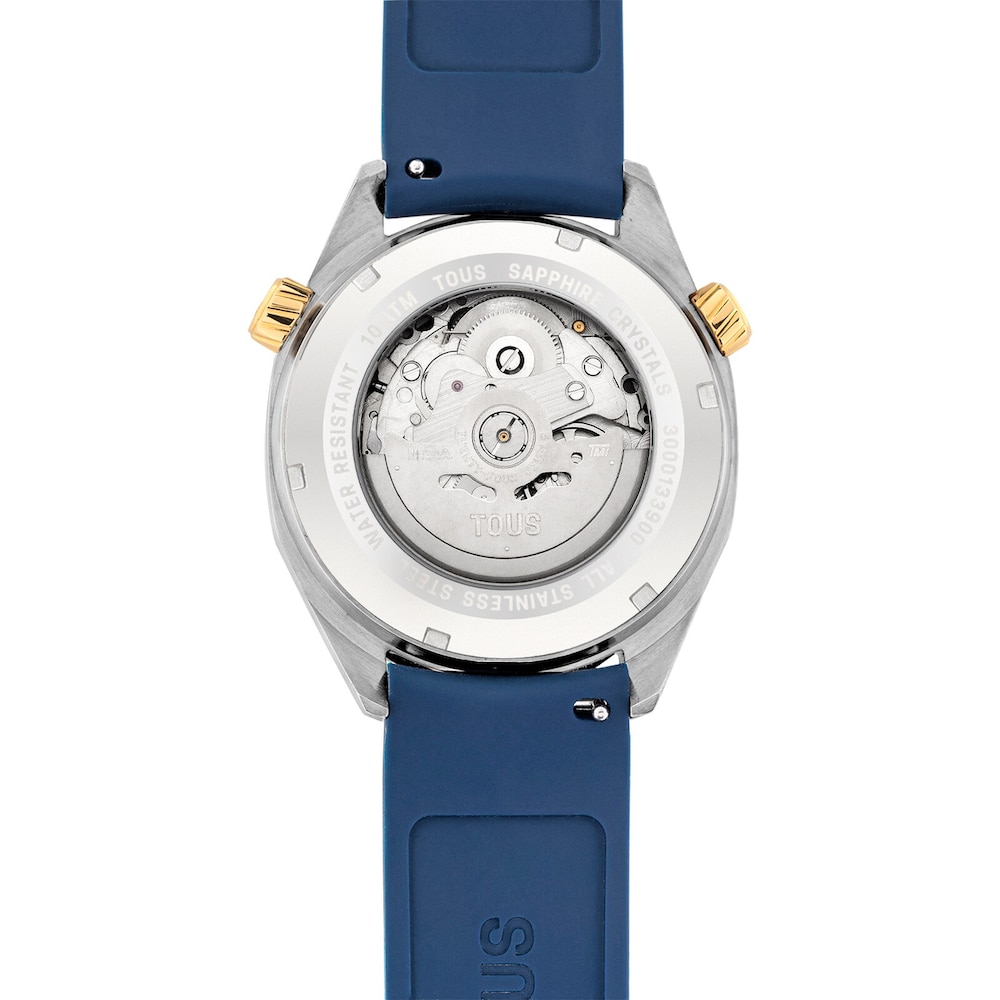 Reloj gmt autom&aacute;tico con correa de silicona azul marino, caja de acero IPG dorado y esfera de n&aacute;car TOUS Now