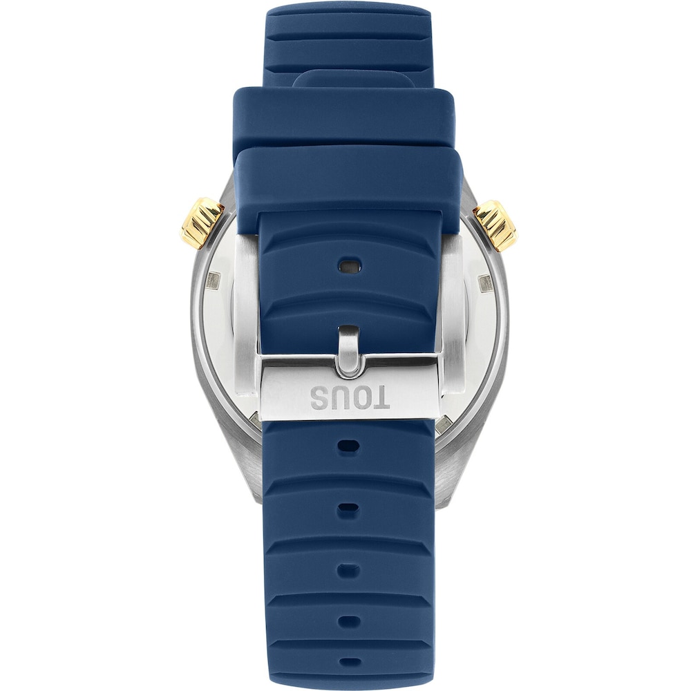 Reloj gmt autom&aacute;tico con correa de silicona azul marino, caja de acero IPG dorado y esfera de n&aacute;car TOUS Now