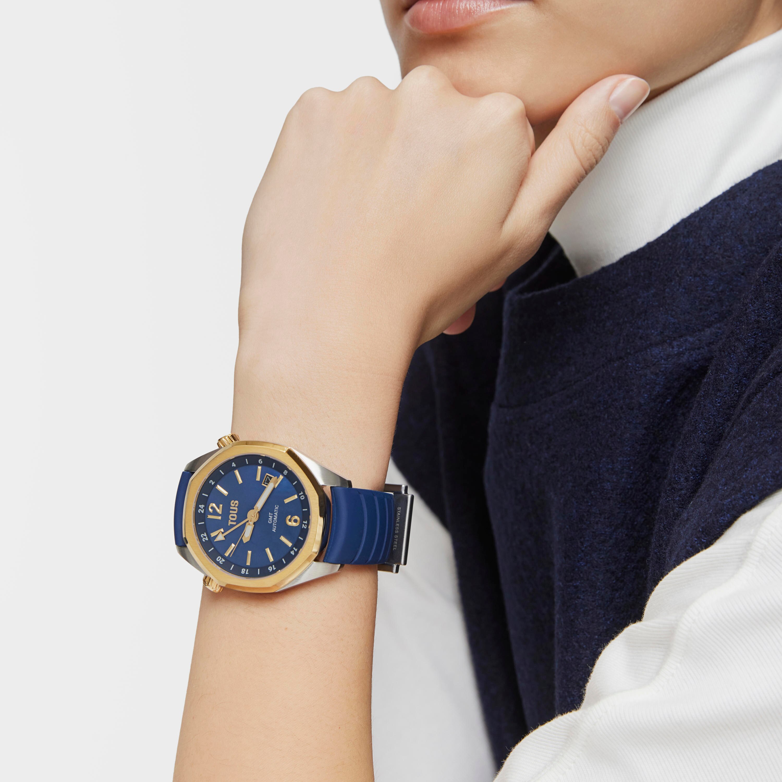 gmt automatic Watch with navy blue silicone strap, gold-colored IPG steel case and mother-of-pearl face TOUS Now