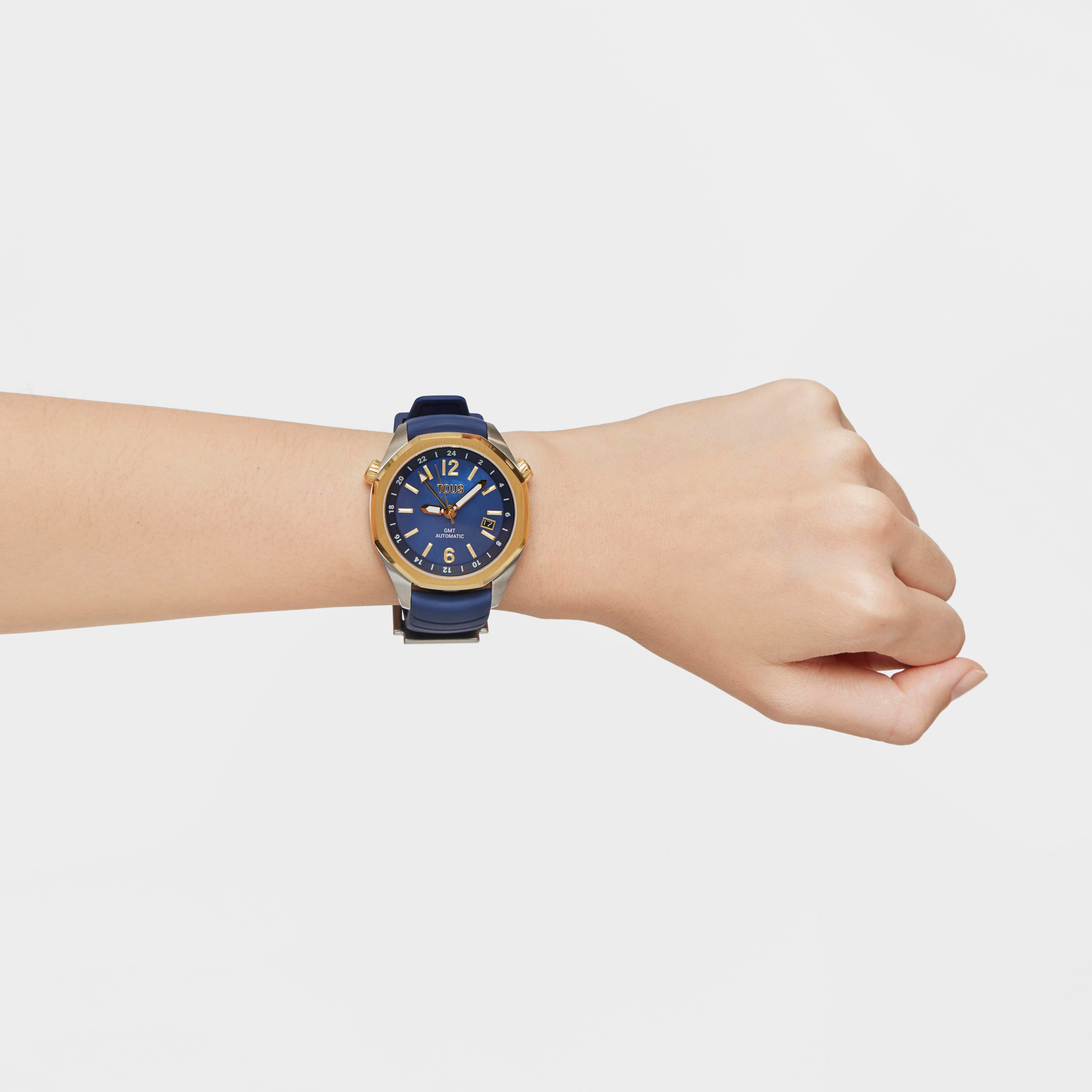 gmt automatic Watch with navy blue silicone strap, gold-colored IPG steel case and mother-of-pearl face TOUS Now