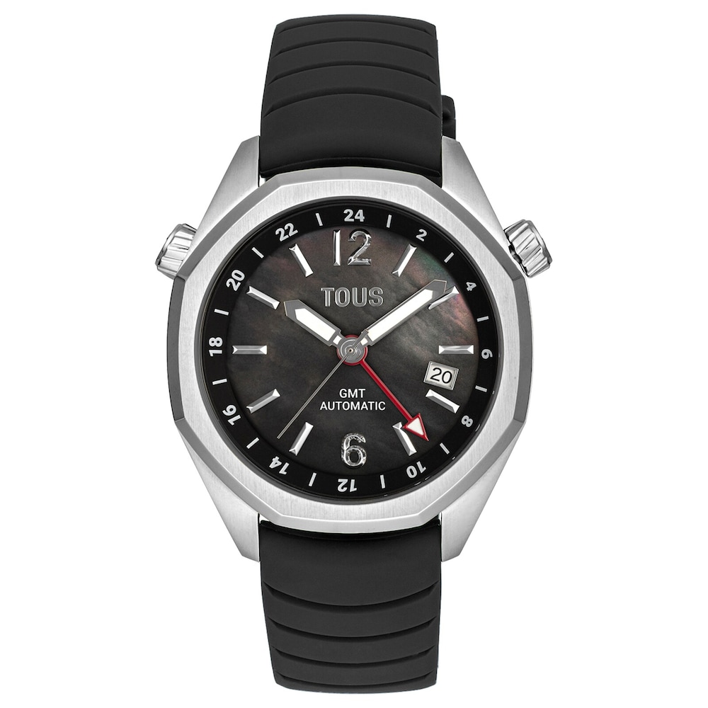 gmt automatic Watch with black silicone strap, steel case and mother-of-pearl face TOUS Now.