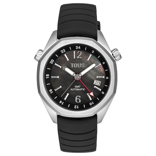 Reloj gmt autom&aacute;tico con correa de silicona negra, caja de acero y esfera de n&aacute;car TOUS Now