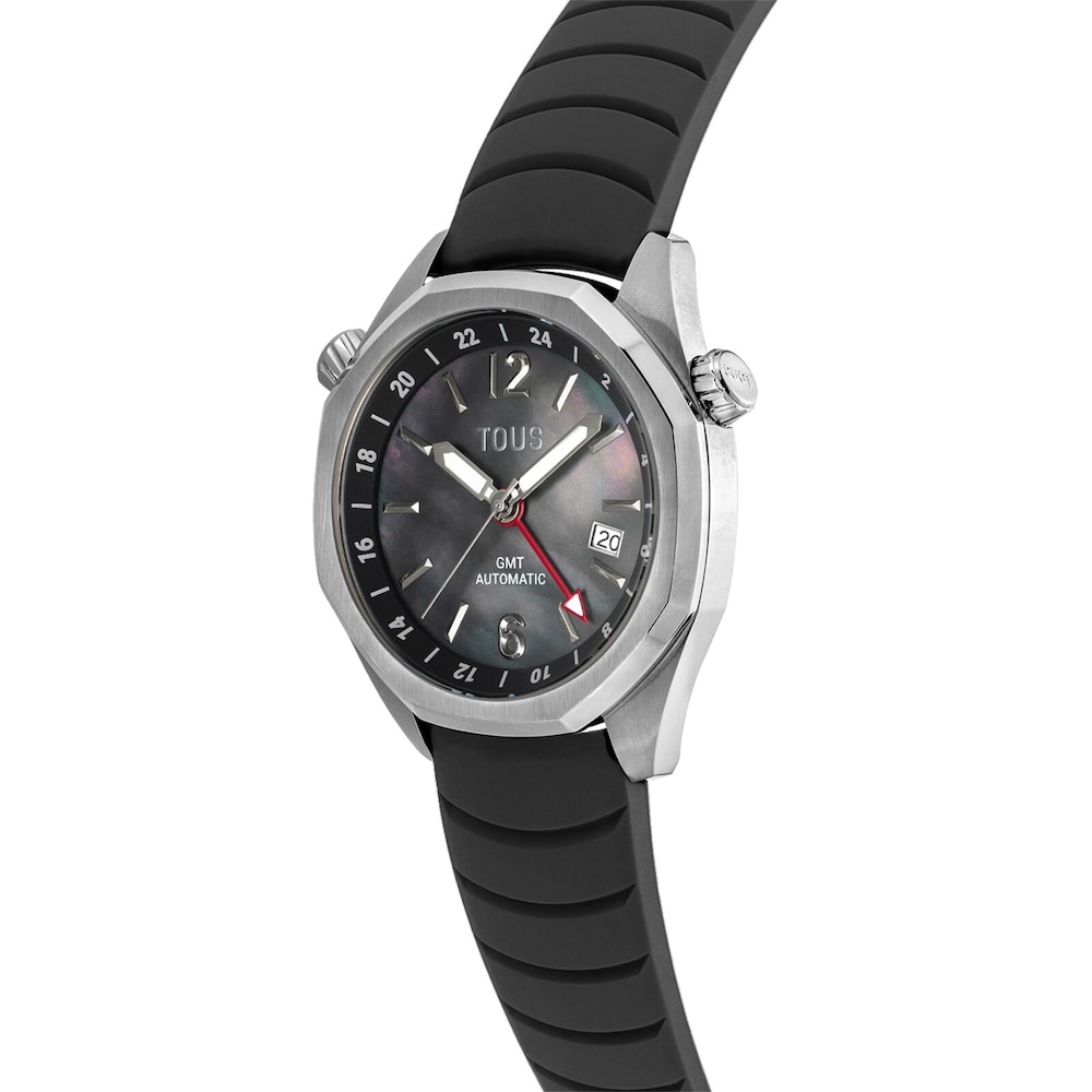 gmt automatic Watch with black silicone strap, steel case and mother-of-pearl face TOUS Now.