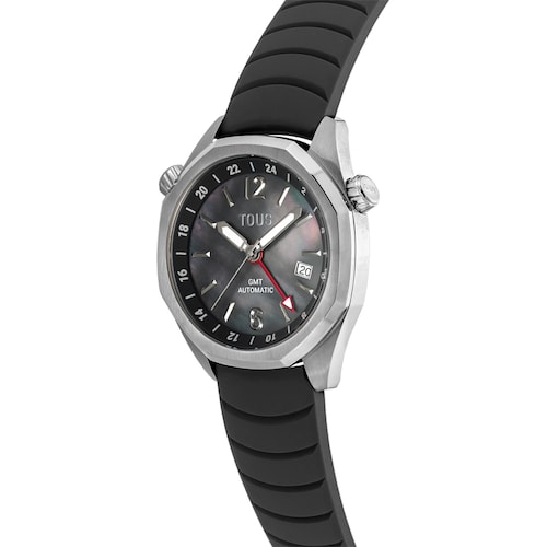 Reloj gmt automático con correa de silicona negra, caja de acero y esfera de nácar TOUS Now