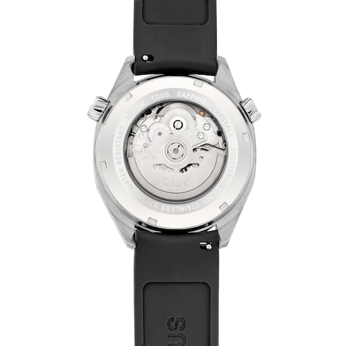 Reloj gmt automático con correa de silicona negra, caja de acero y esfera de nácar TOUS Now
