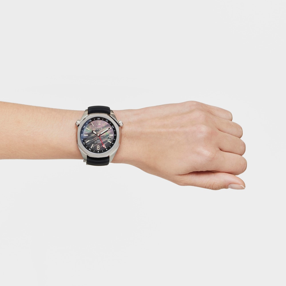 gmt automatic Watch with black silicone strap, steel case and mother-of-pearl face TOUS Now.