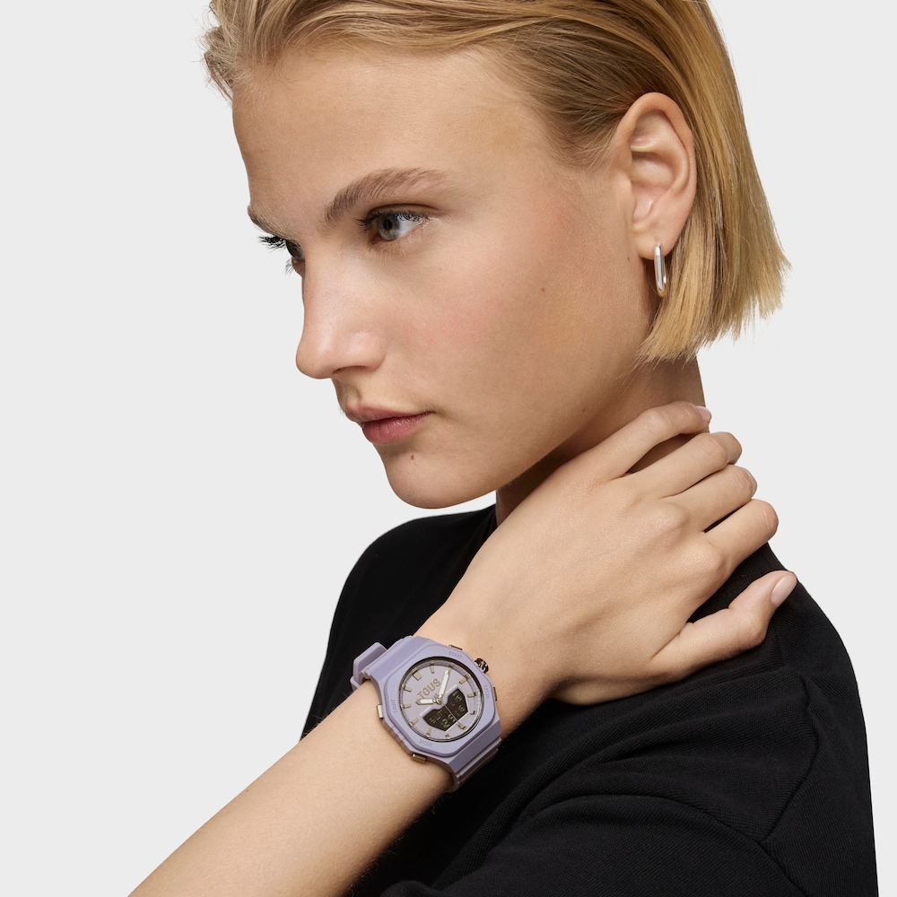 Reloj analógico-digital de acero IP lila con brazalete de nylon lila Bet image number 3