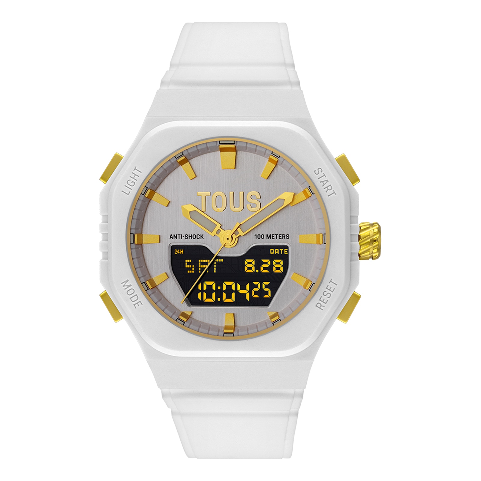 Reloj analógico-digital de acero IPG dorado con brazalete de nylon blanco Bet