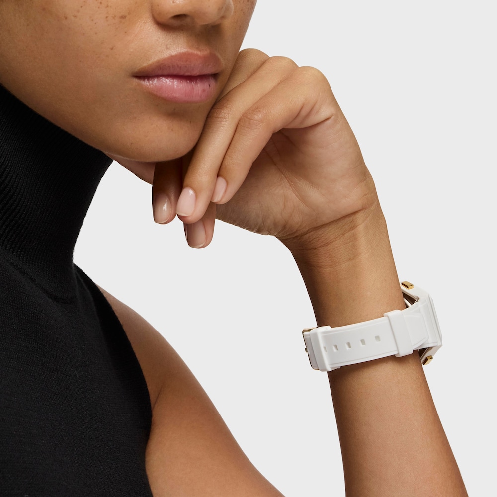 Anal&oacute;govo-digit&aacute;lne hodinky z ocele IPG zlatej farby s bielym nylonov&yacute;m n&aacute;ramkom