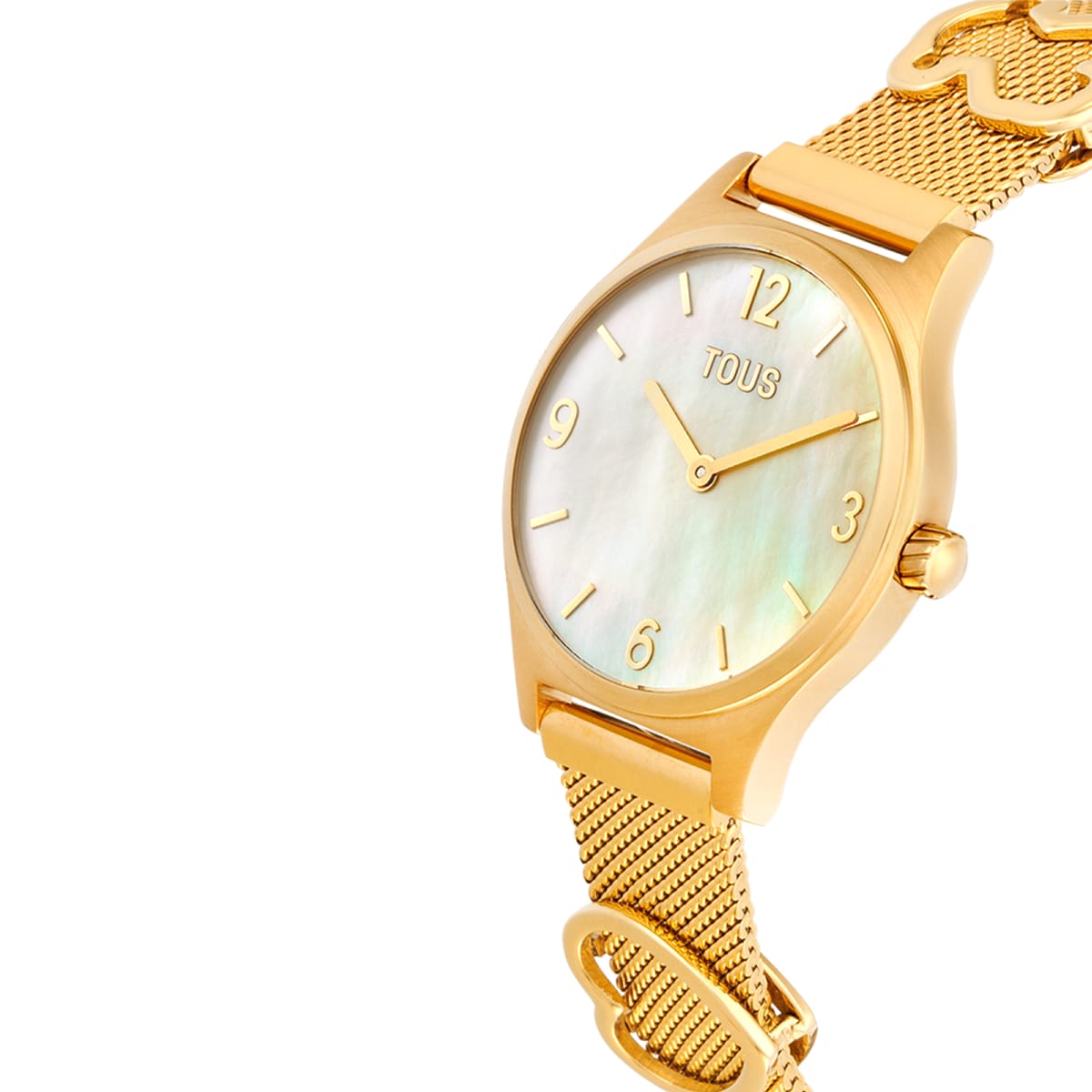Reloj analógico con brazalete de acero IPG dorado y esfera de nácar Epic Icon Mesh