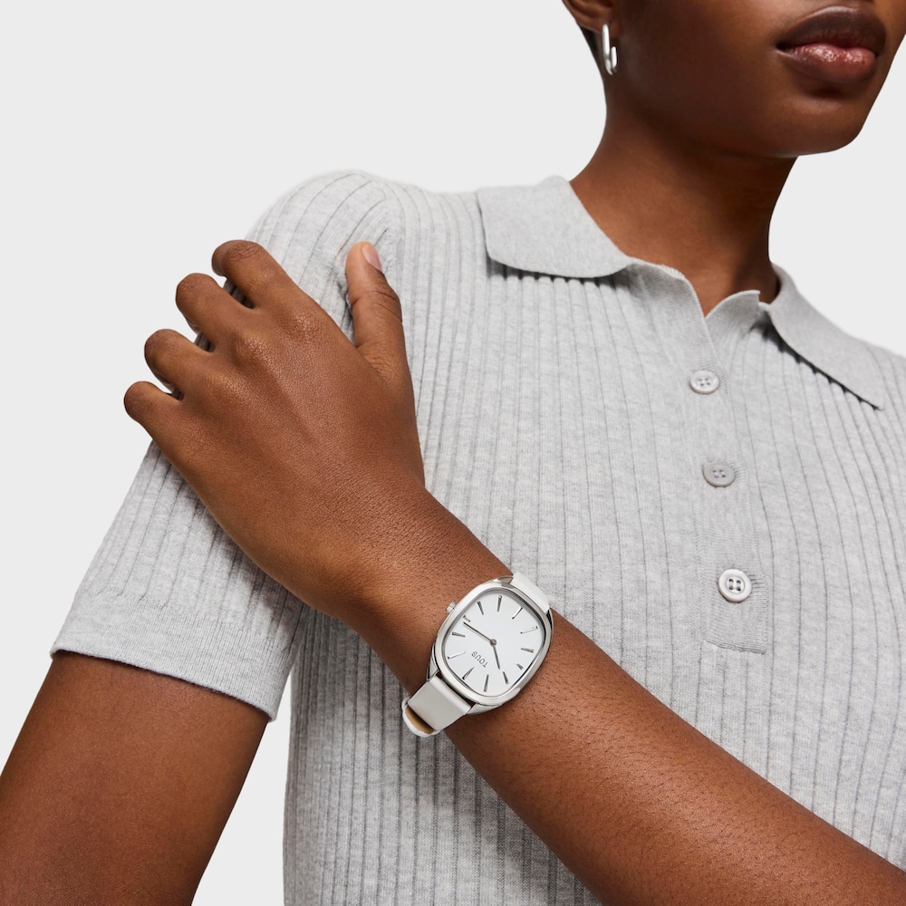 Oceľov&eacute; anal&oacute;gov&eacute; hodinky s&nbsp;bielym kožen&yacute;m remienkom Heritage