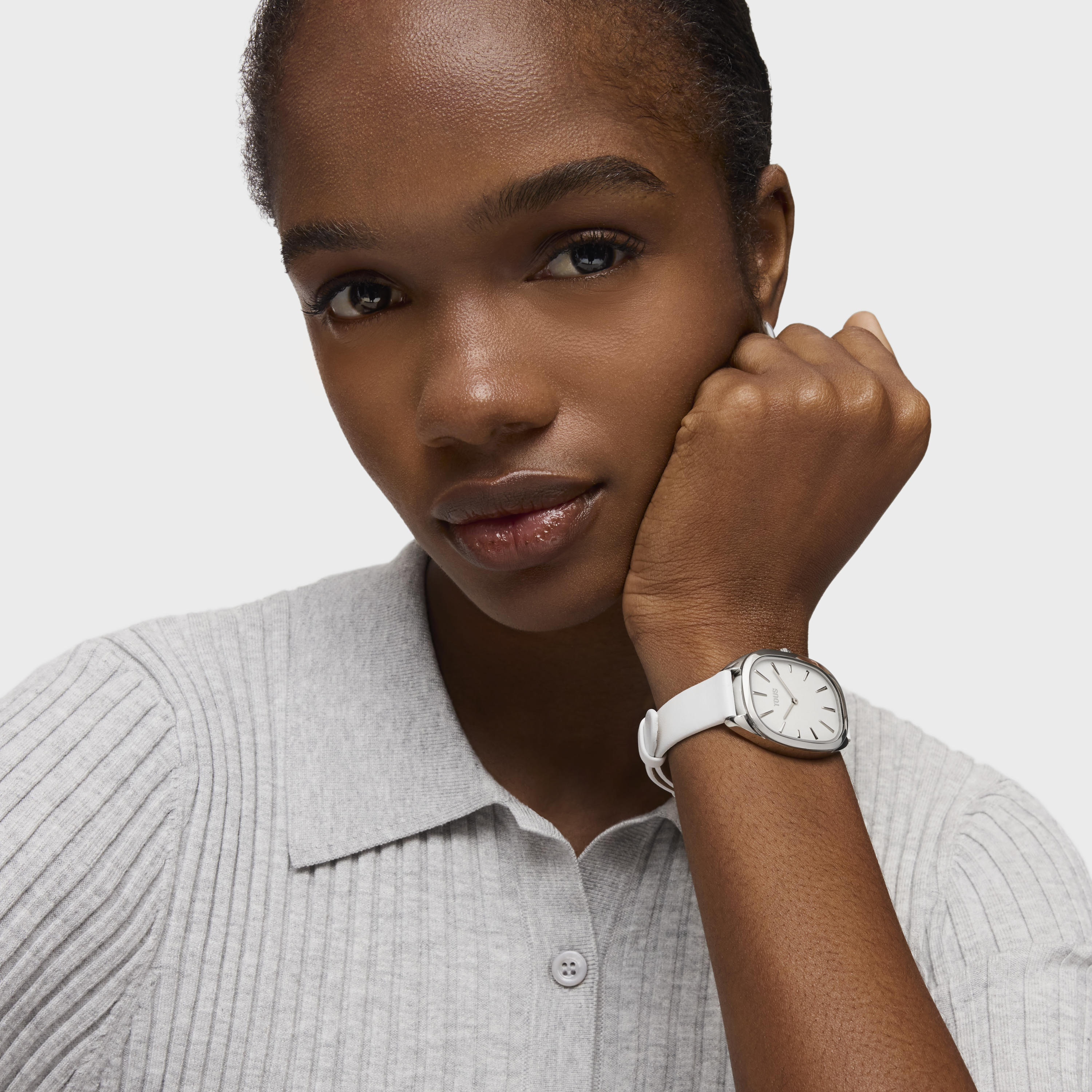 Reloj analógico de acero con correa de piel blanca Heritage