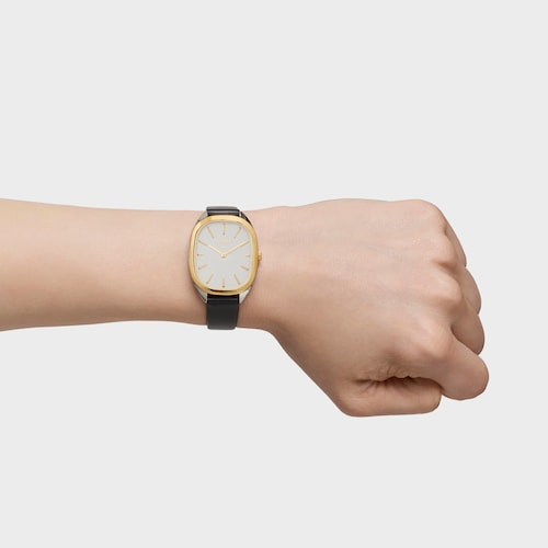Gold-colored IPG steel analog Watch with black leather strap Heritage