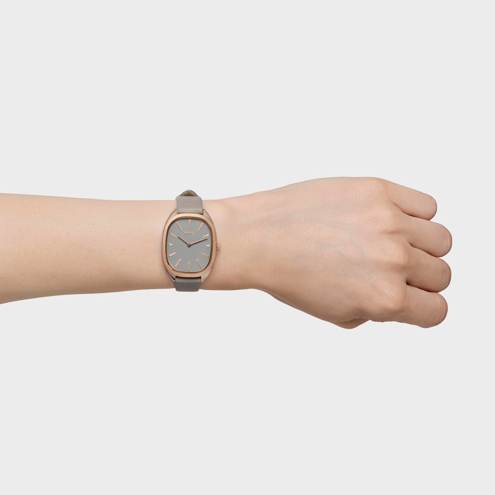 Analogov&eacute; Hodinky z&nbsp;růžov&eacute; IPG oceli s&nbsp;&scaron;ed&yacute;m kožen&yacute;m řem&iacute;nkem Heritage